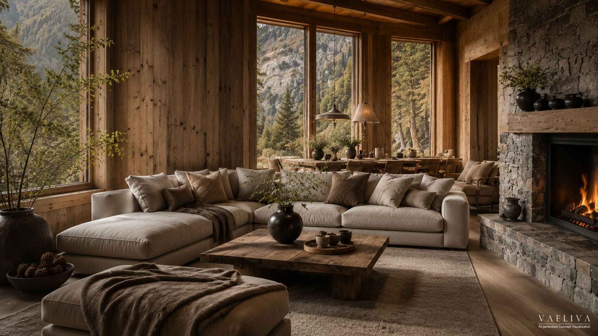 Modern Alpine living room with timber walls, stone fireplace and mountain views