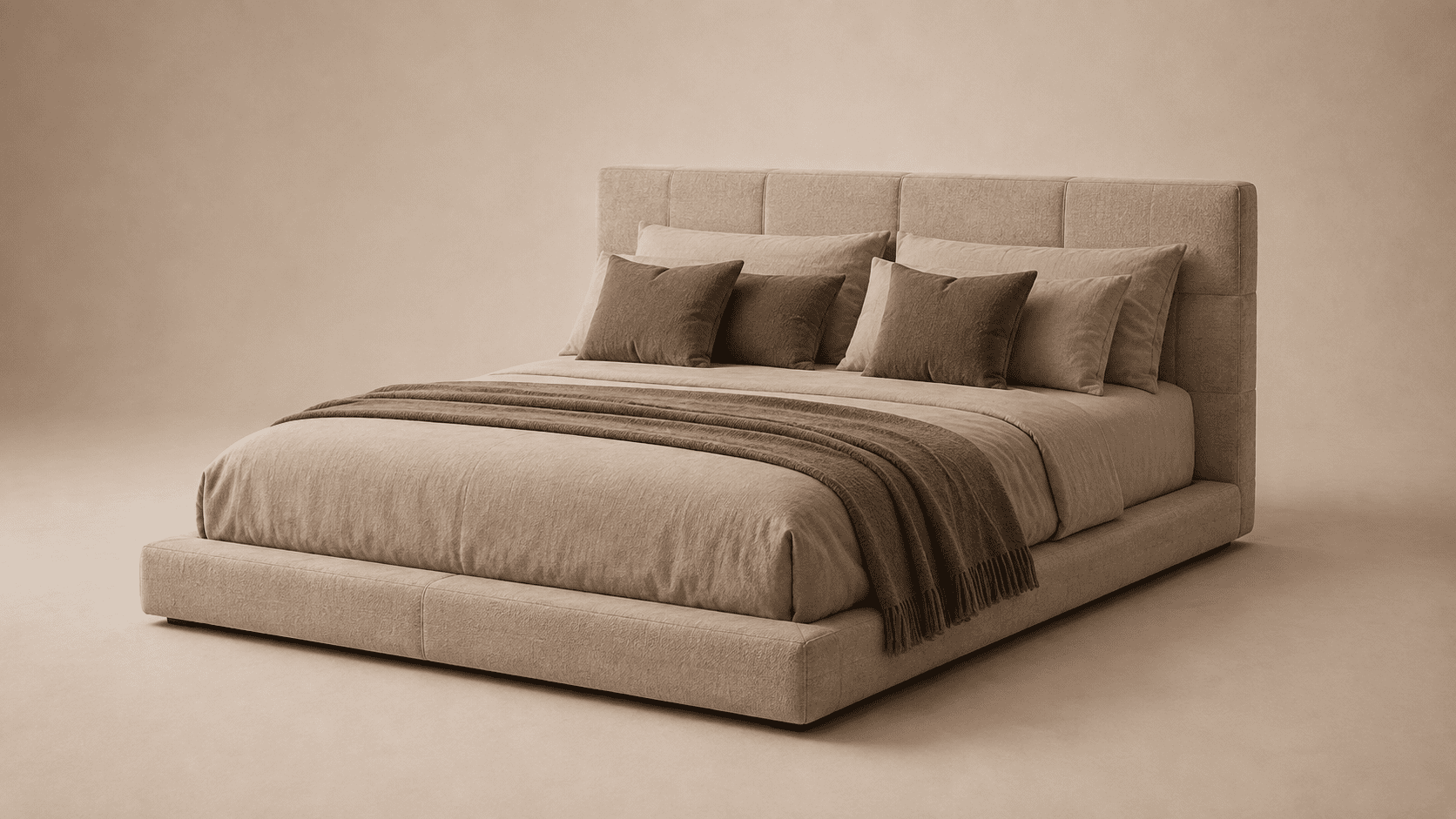 Upholstered bed in neutral linen