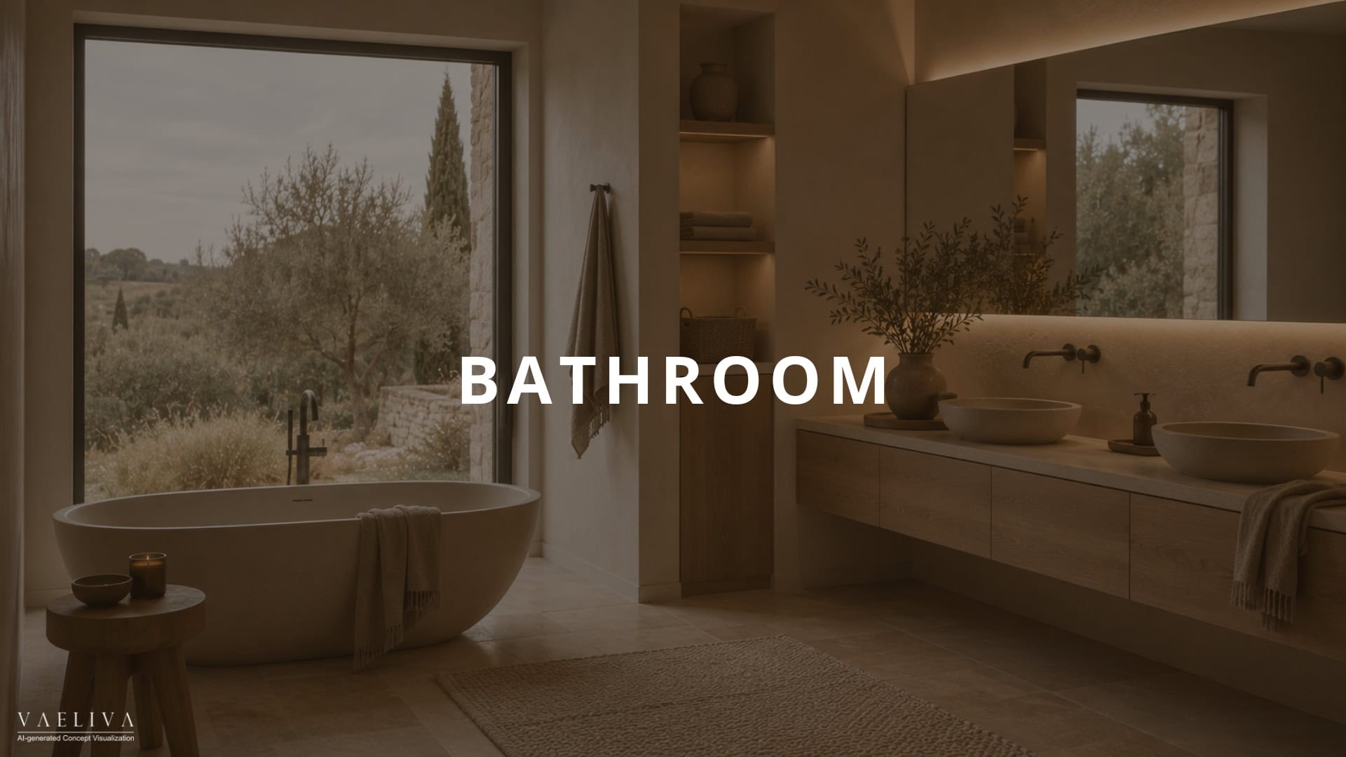 Calm bathroom interior with freestanding bath and natural materials