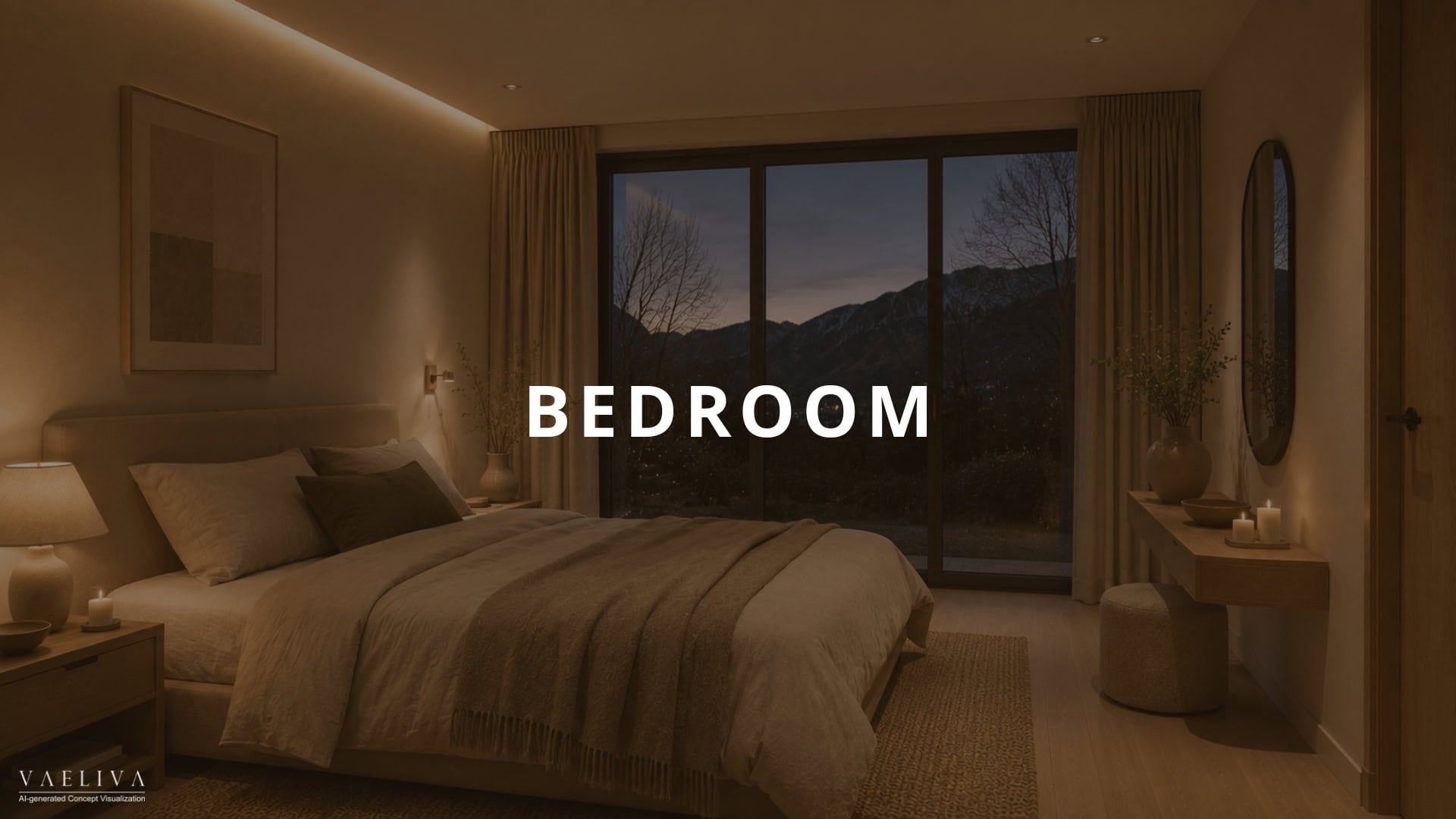 Warm bedroom interior with mountain views and natural textures
