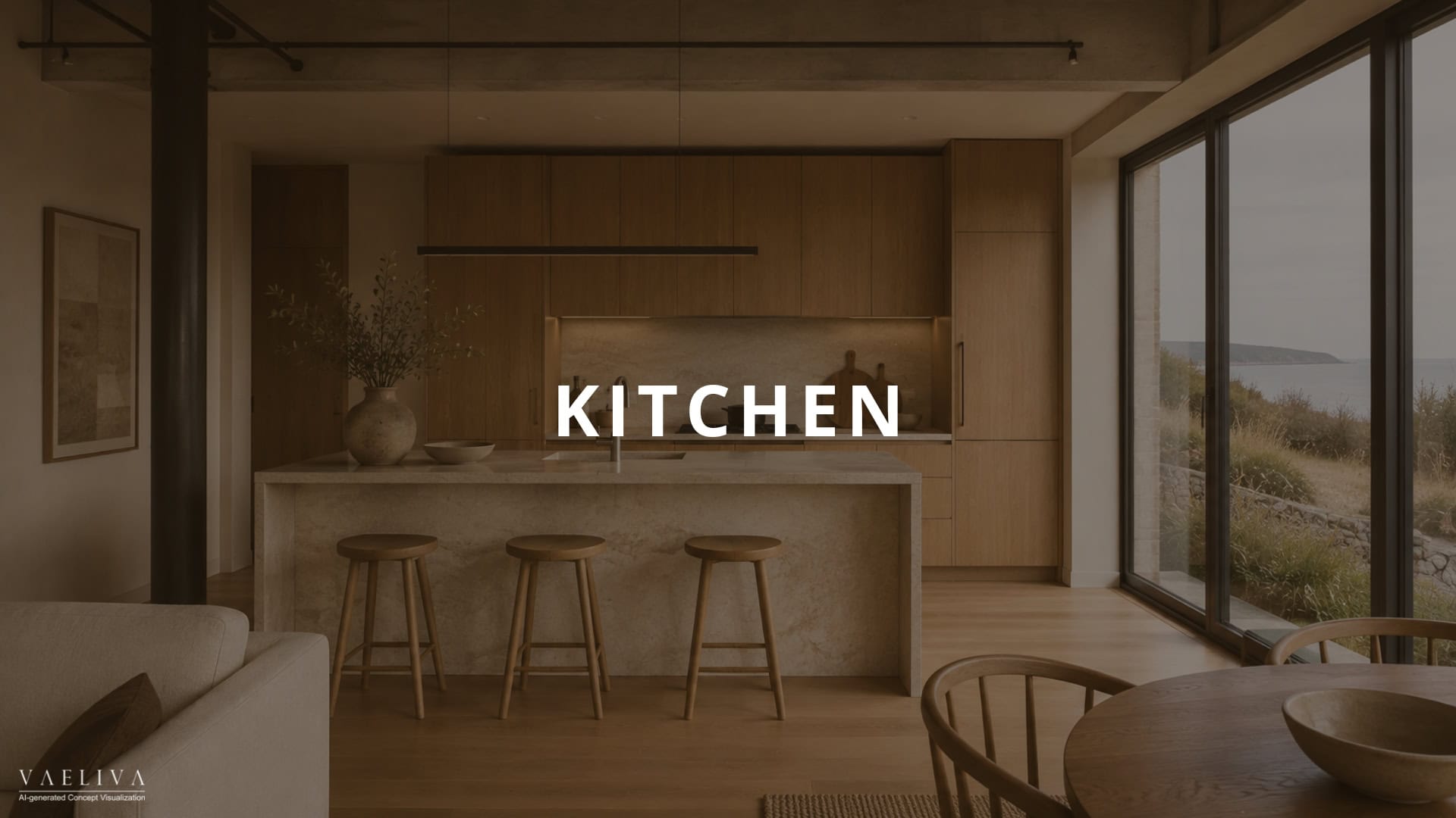 Contemporary kitchen interior with warm wood and natural stone
