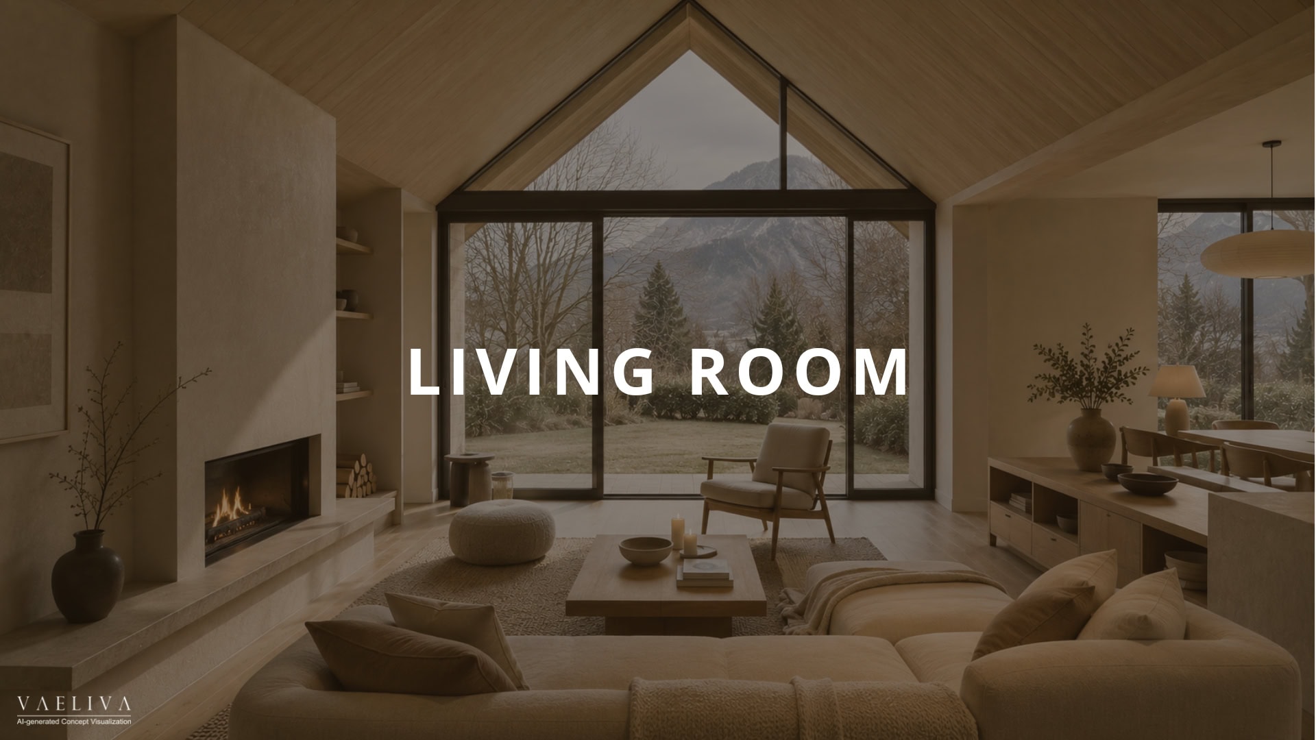 Living room interior design inspiration with mountain views and natural materials